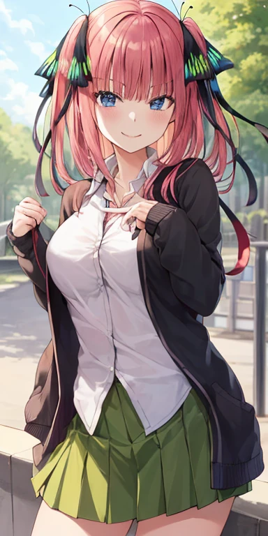 2d, masterpiece, best quality, anime, highly detailed, 1girl, solo, cowboy shot, nakano nino, pink hair, butterfly hair ornament, black cardigan, collared shirt, green skirt, miniskirt, medium breasts, standing, school, outdoors, smile