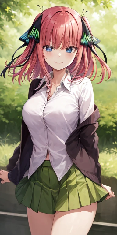 2d, masterpiece, best quality, anime, highly detailed, 1girl, solo, cowboy shot, nakano nino, pink hair, butterfly hair ornament, black cardigan, collared shirt, green skirt, miniskirt, medium breasts, standing, school, outdoors, smile