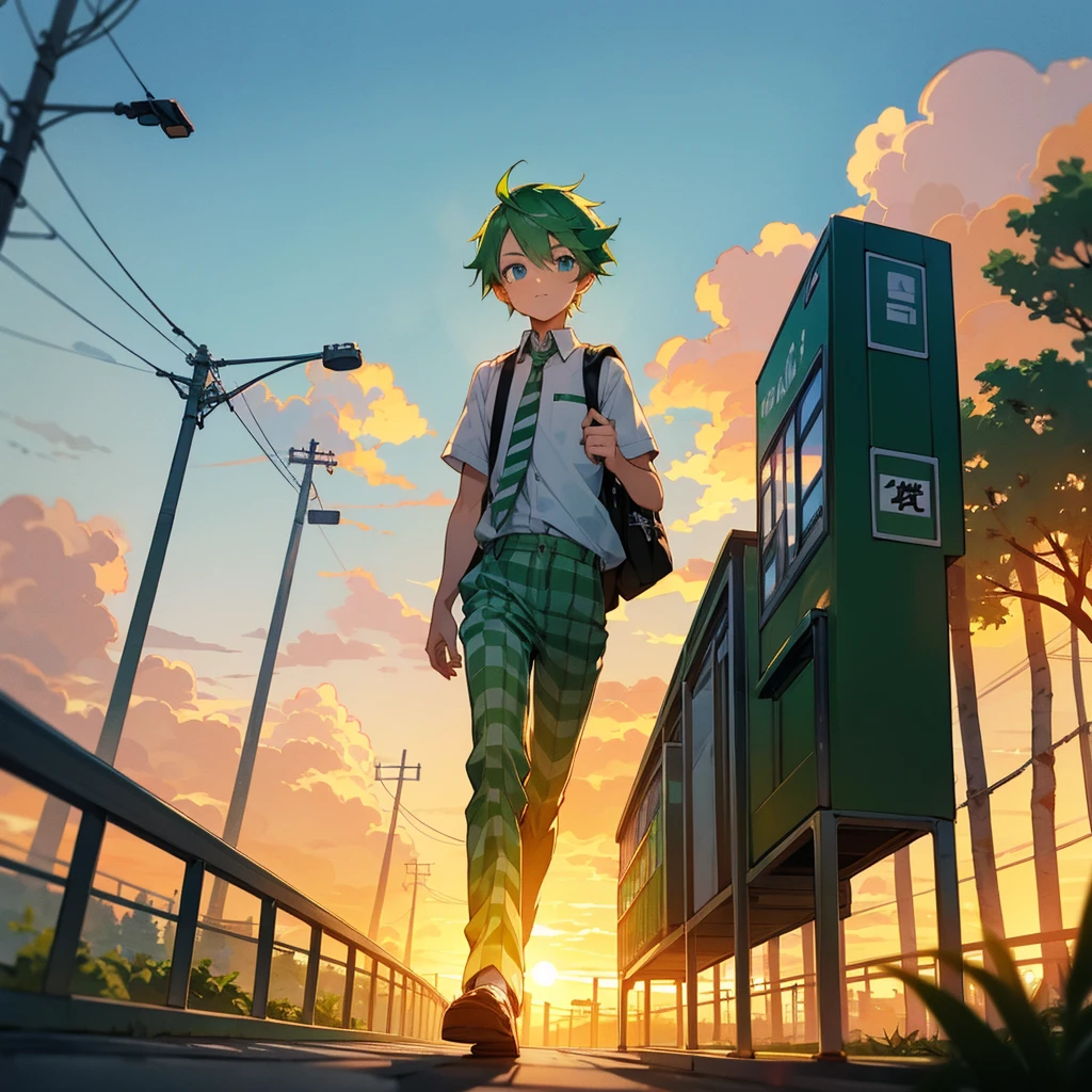 A cute boy with green hair and blue eyes. In white high school shirt, checkered green high school pants, cool green Tie, cool black high school shoes. Just taking a walk in the sunset, holding his cool Japan green school bag.