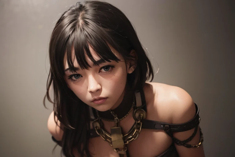 chained soldier, girl,light bondage,barefoot,body chains,fierce expression,rustic backdrop,dramatic lighting,medium:oil painting,ultra-detailed,best quality,highres,realistic,portrait,vivid colors,dark and moody tones.