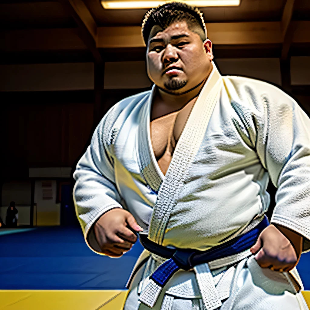 Two young men in their 20s are at a judo hall.， Japanese，Oriental，A swollen body on the verge of exploding，wearing a white judo jacket，(((Black belt))), no pants，not wearing pants，cute face，Sumo wrestler, Young adolescents，Throwing judo club with black belt，Japanese， Baby penis，tiny uncircumcised penis，Strong fat bacchanalian body,  unusually large physique, gigachado muscular, very muscular, giant bear-human hybrid, 