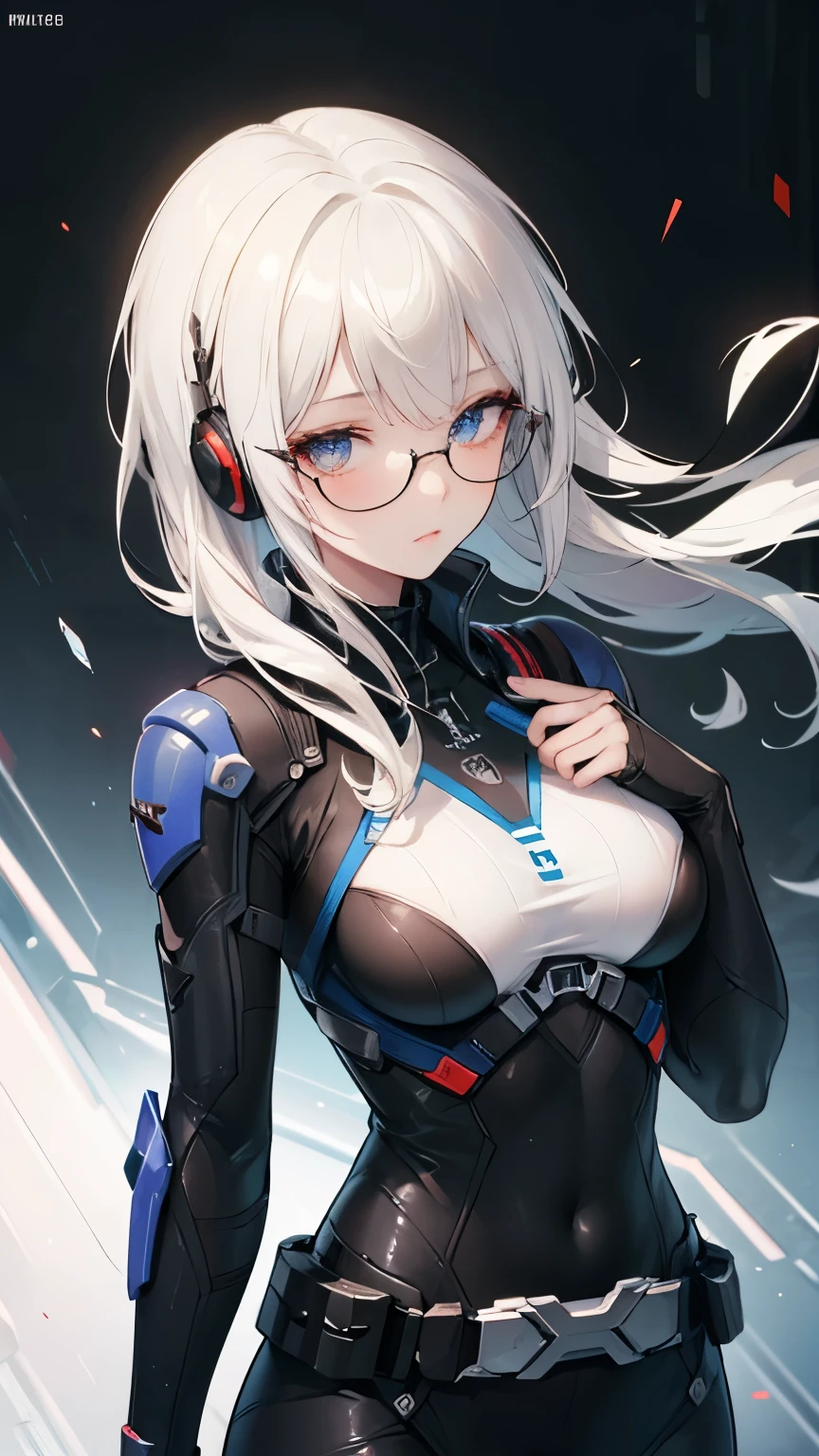 beautiful face, best quality, ultra high resnatural light, shiny skin, detailed skin, detailed face, detailed eyes, beautiful lady, white hair, straight hair, floating hair, big hair, mole under eye, bespectacled, headphones, A scene from a science fiction movie, a brilliant fantastic background, a body-hugging metal suit, thick belt.