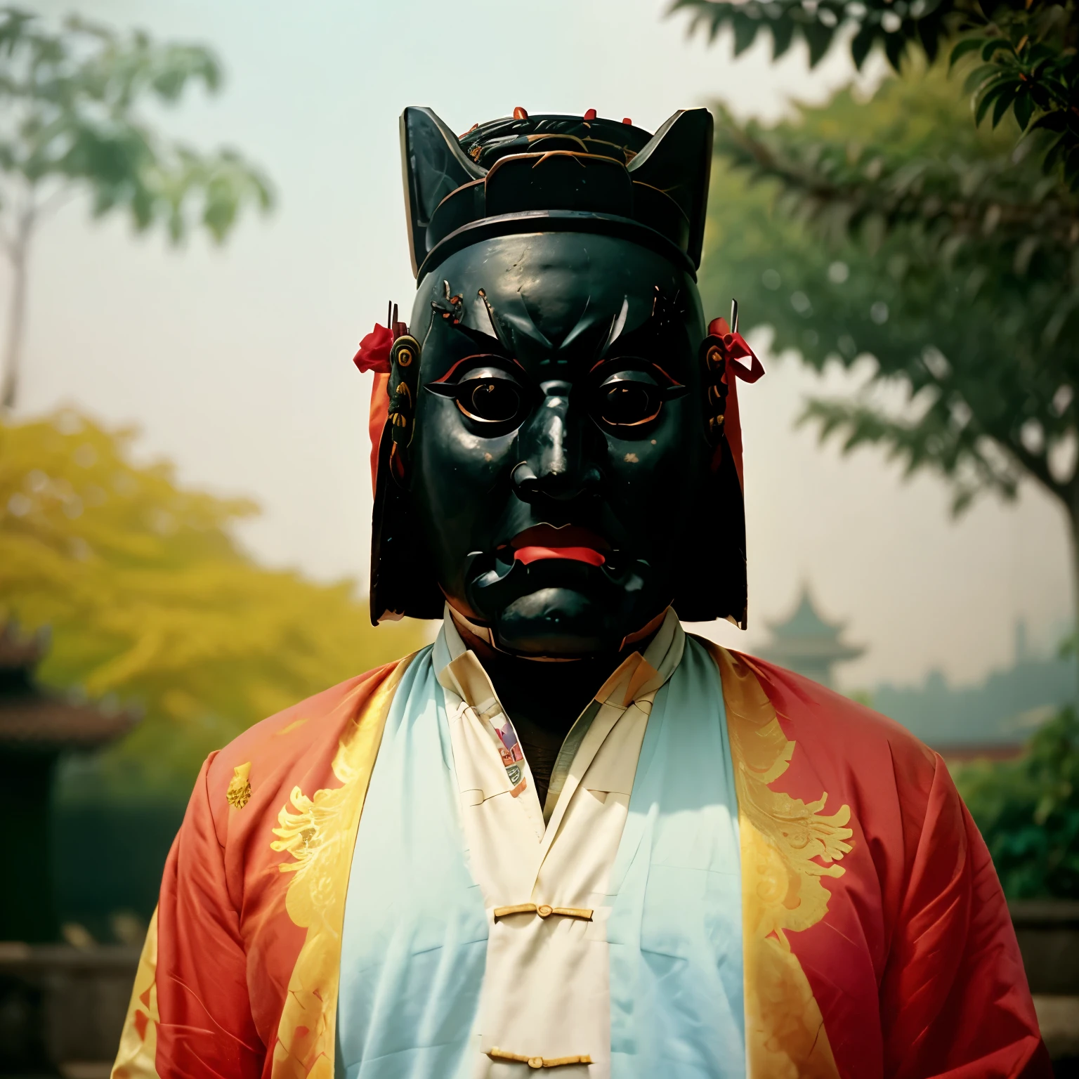 80s photograph, portrait, analogue photo of a handsome man with a creepy mask, Chinese horror aesthetics, masterpiece, eye level, Kodak Funsaver, Porta 160, 20mm, bokeh, textured, distressed, vintage, creepy_mask