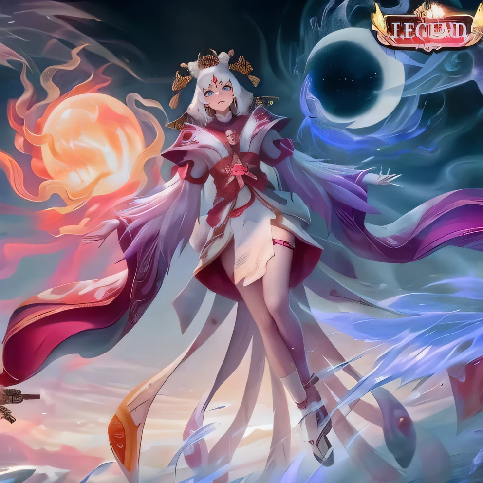 a woman in a white dress holding a sword and a sword, beautiful celestial mage, onmyoji detailed art, white haired deity, onmyoji, heise jinyao, legend of the cryptids, inspired by Ju Lian, full body xianxia, inspired by Ai Xuan, inspired by Lan Ying, aura of magic around her, legendary god holding spear