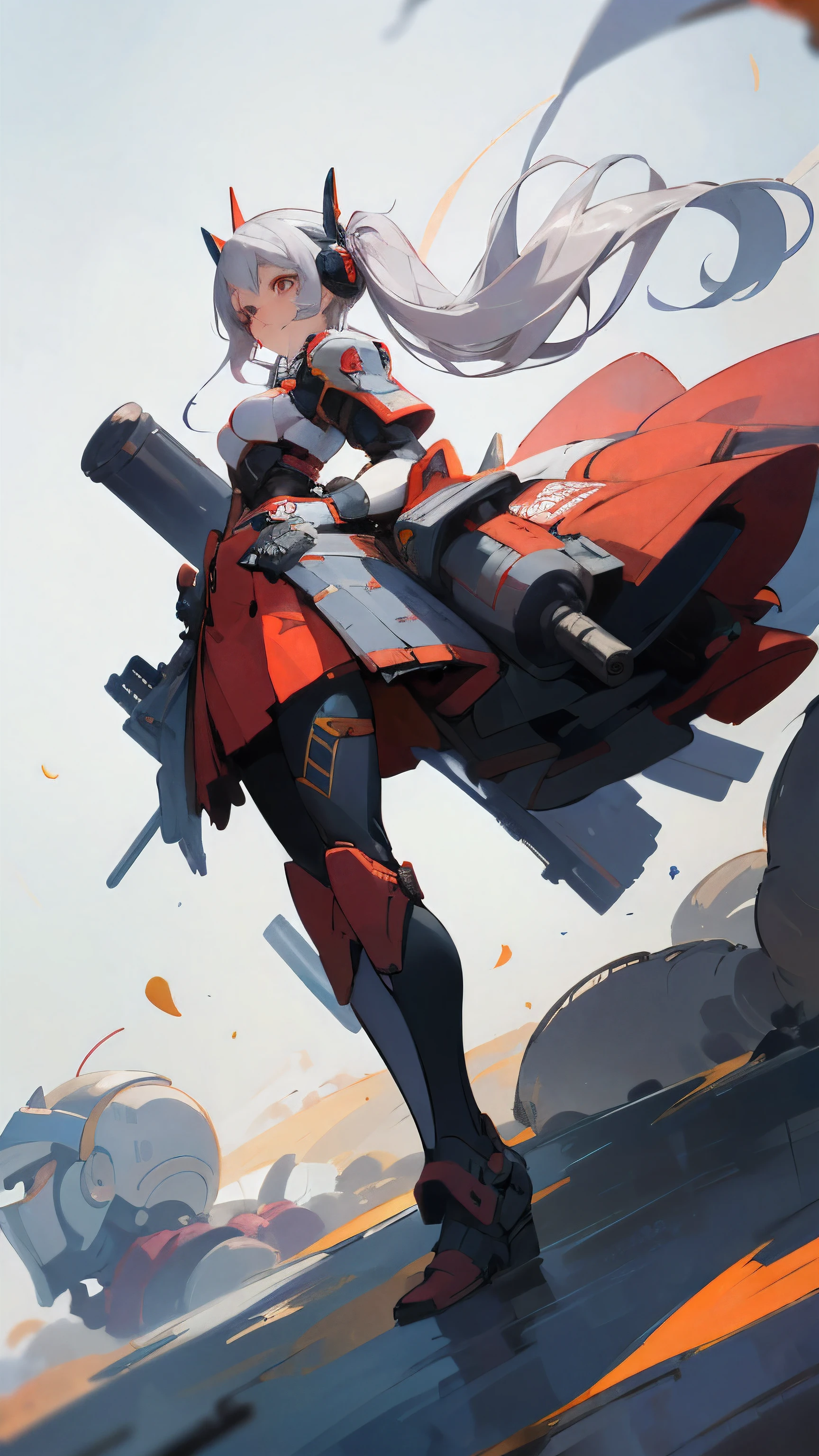 ((best quality)), ((masterpiece)), (detailed), perfect face, kawaii,Girl, silver long pigtail hair (hair floating in air like being blown by wind), small breasts, focused expression in the eyes,red Sci-fi samurai power armor, armoured skirt, left hand replaced with cannon , wearing headset, 
Full body look, character always facing forward, focus on face,