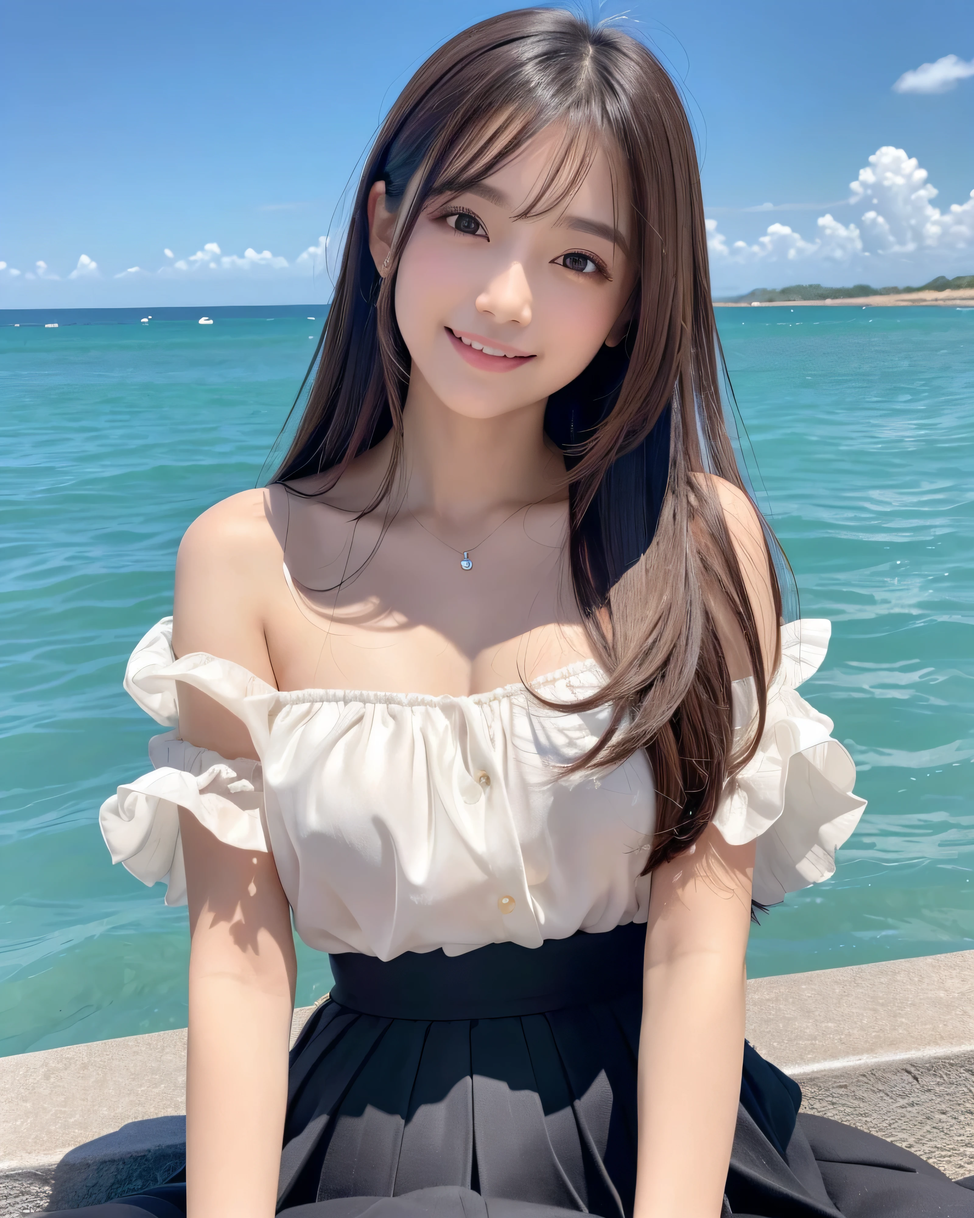 (highest quality, 32k, High resolution, masterpiece:1.5, ), Transparent air, The brilliance of youth, An award-winning masterpiece with incredible detail, Beautiful Japanese Girls, An exceptionally beautiful face, Shiny brown hair, ((Beautifully groomed long hair)), Asymmetrical bangs, Hair between the eyes, Beautifully trimmed, thin eyebrows, Magical big eyes, Moist black eyes, Clear double eyelids, smooth and transparent skin, Pale pink lips, Natural Makeup, Rich expression of emotions, (A gentle smile:1.4), thin silk blouse, Blue checked pleated skirt, sit, Absolute area, High resolutionの美しい太もも, (whole body:1.3), Parks by the sea, Beautiful, clear blue sea stretches to the horizon, The dazzling summer sunshine, detailed blue sky, Professional Lighting, Professional Photographer, Professional models