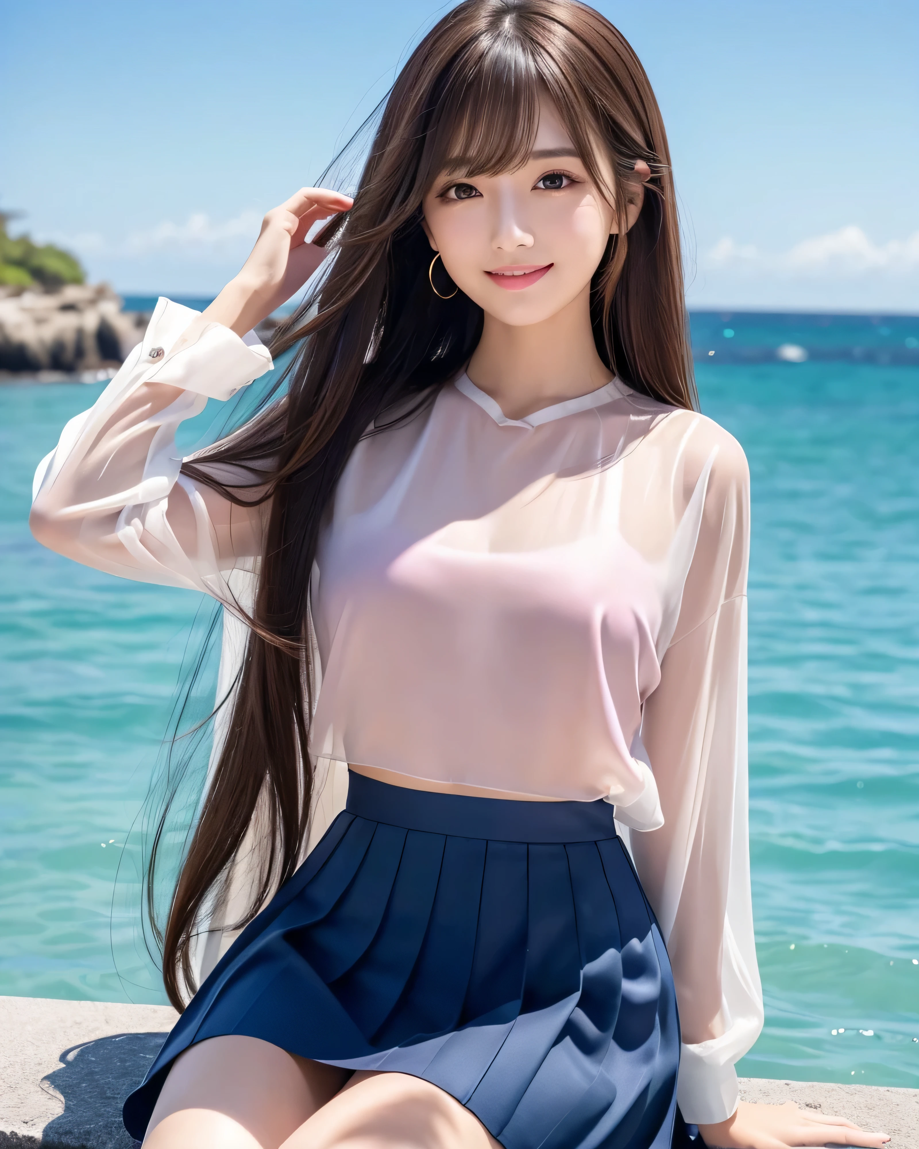 (highest quality, 32k, High resolution, masterpiece:1.5, ), Transparent air, The brilliance of youth, An award-winning masterpiece with incredible detail, Beautiful Japanese Girls, ((Low - Angle:1.3)), An exceptionally beautiful face, Small Face Beauty, Shiny brown hair, ((Beautifully arranged super long straight silk hair)), Asymmetrical bangs, Hair between the eyes, Beautifully trimmed, thin eyebrows, Magical big eyes, Moist black eyes, Clear double eyelids, Transparent, soft white skin, Sharp eyebrows, Thin lashes, Natural Makeup, Cheek highlighter, Pale pink detailed lips, Rich expression of emotions, Motherhood and generosity, (fleeting smile:0.7), ((Lightweight black silk blouse:1.0)), blue plaid pleated skirt, sit, ((Absolute area:1.4)), High resolutionの美しい太もも, (whole body:1.3), Parks by the sea, Beautiful, clear blue sea stretches to the horizon, The dazzling summer sunshine, detailed blue sky, Professional Lighting, Professional Photographer, Professional models