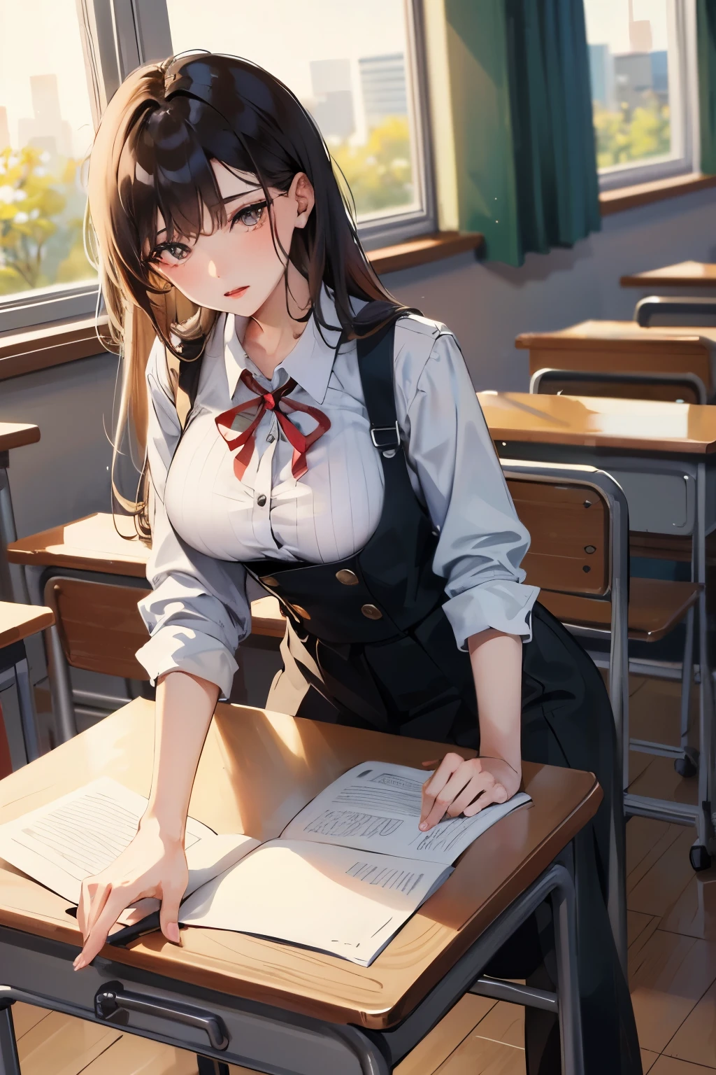 masterpiece,best quality, ultra-detailed illustration, blush,solo,large breast, opened mouth, sitting ,wood chair ,black jacket, , white shirt,short skirt, red ribbon, sweat,black hair,french braid,middle hair, hand between thighs,hand before pussy,closed eyes,(( steam breath)),BREAK, in library, desk,notebook on desk