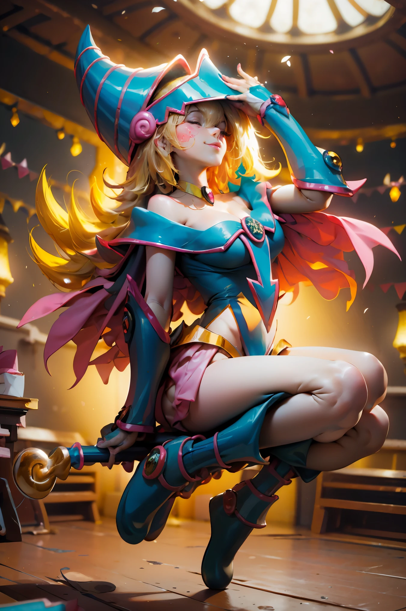(Obra maestra:1.2), (La mejor calidad:1.2), Perfect lighting, Chica Maga Oscura en tacones, lanzando un hechizo, sonriendo y flotando en el aire, tetas grandes, escote, fondo de magia. Corazones transparente en el ambiente,  ella usa tacones y en bikini 