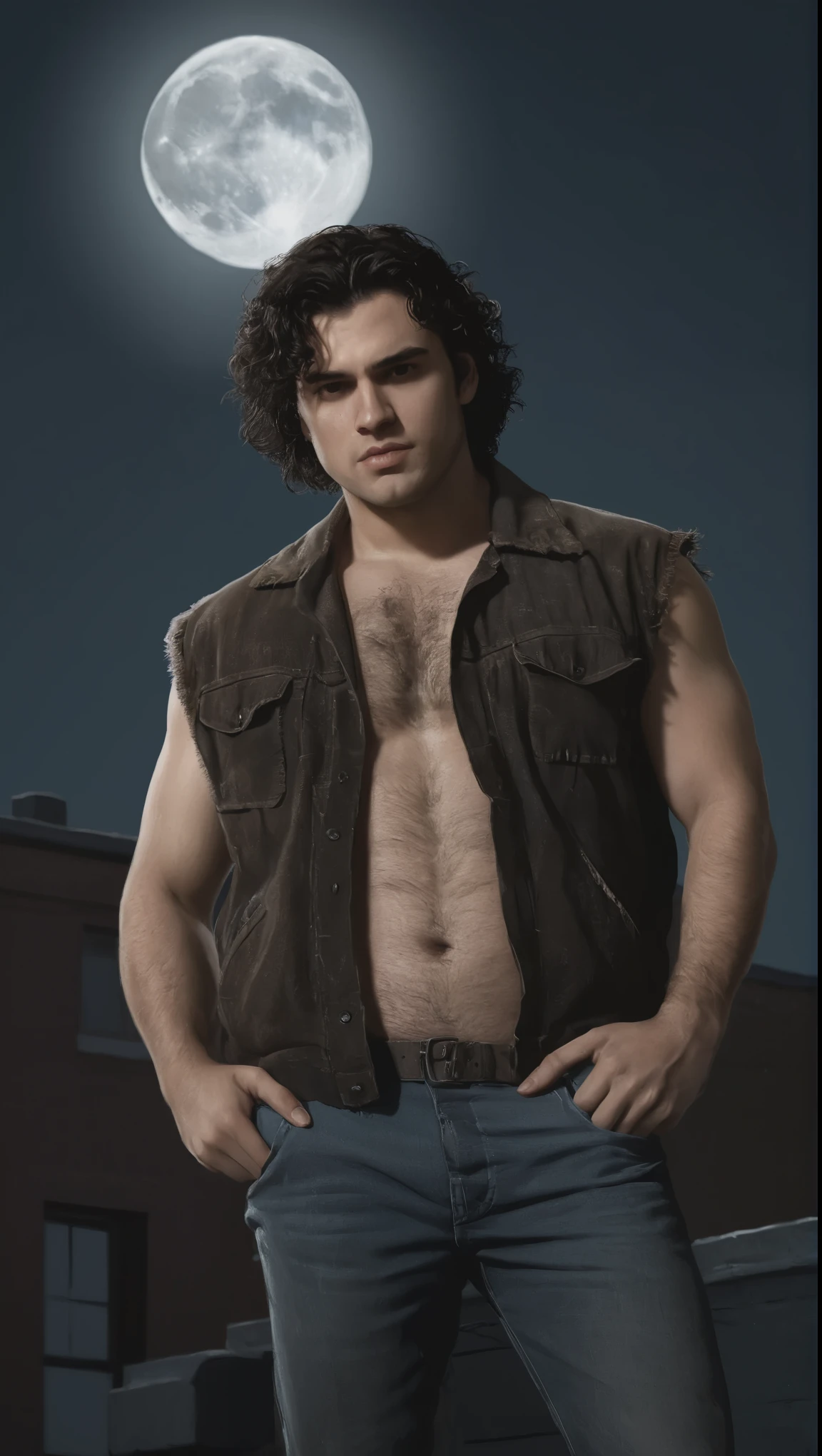 An illustrated movie poster, hand-drawn, full color, a vigilante, 28 years-old, wearing grunge clothes, stocky, soft doughy physique, deep brown eyes, wide bulbous nose, full lips, black hair, curly hair, thick bushy eyebrows, extremely hairy chest, stomach, and arms, lots of body hair, posing on a moonlit rooftop, hard shadows, graphite shading, stencil markings, airbrushed acrylic paint, masterpiece, in the style of Rockstar Games 