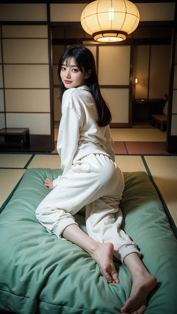 ((Backwards:1.8, Butt facing the camera:1.8, Japanese-style room in a ryokan:1.8, Sleeping on a futon:1.5)), ((13 years old)),((Tracksuits:1.8, barefoot:1.5)), (smile:1.5), Erect nipples, 1 girl, alone, 18-year-old, 7 Head to Body, Ideal body proportions, Black Hair, With bangs, Small breasts, thin, ((Round ass)), Beautiful legs, thin脚, Surrealism, Cinema Lighting, Depth of written border, First Person View, 胸F/1.8, 155mm, Ticker, Pieces fly, Collect and organize, ((Anatomically correct:1.3)), Textured skin, Super Detail, Attention to detail, high quality, Awards, 最high quality, High resolution, 8k