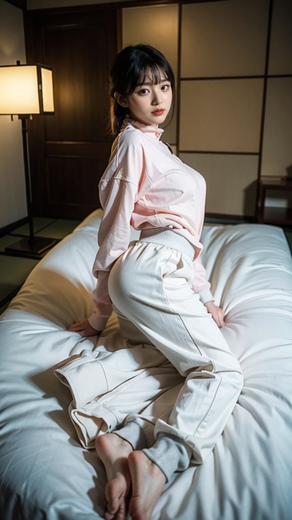 ((Backwards:1.8, Butt facing the camera:1.8, Japanese-style room in a ryokan:1.8, Sleeping on a futon:1.5)), (()),((Tracksuits:1.8, barefoot:1.5)), (smile:1.5), Erect nipples, 1 girl, alone, 18-year-old, 7 Head to Body, Ideal body proportions, Black Hair, With bangs, Small breasts, thin, ((Round ass)), Beautiful legs, thin脚, Surrealism, Cinema Lighting, Depth of written border, First Person View, 胸F/1.8, 155mm, Ticker, Pieces fly, Collect and organize, ((Anatomically correct:1.3)), Textured skin, Super Detail, Attention to detail, high quality, Awards, 最high quality, High resolution, 8k