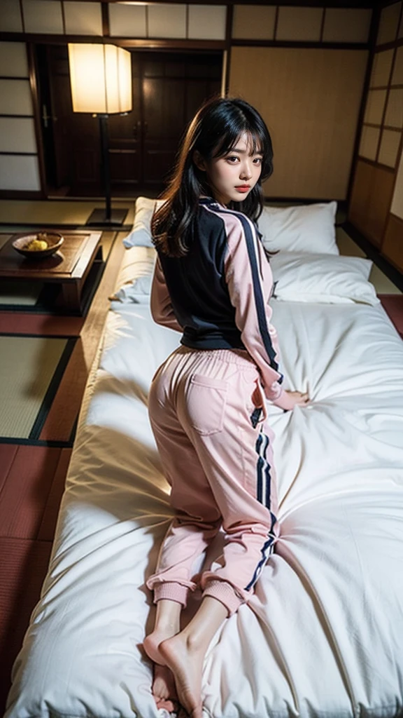 ((Backwards:1.8, Butt facing the camera:1.8, Japanese-style room in a ryokan:1.8, Sleeping on a futon:1.5)), (()),((Tracksuits:1.8, barefoot:1.5)), (smile:1.5), Erect nipples, 1 girl, alone, 18-year-old, 7 Head to Body, Ideal body proportions, Black Hair, With bangs, Small breasts, thin, ((Round ass)), Beautiful legs, thin脚, Surrealism, Cinema Lighting, Depth of written border, First Person View, 胸F/1.8, 155mm, Ticker, Pieces fly, Collect and organize, ((Anatomically correct:1.3)), Textured skin, Super Detail, Attention to detail, high quality, Awards, 最high quality, High resolution, 8k