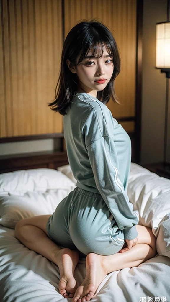 ((Backwards:1.8, Butt facing the camera:1.8, Japanese-style room in a ryokan:1.8, Sleeping on a futon:1.5)), (()),((Tracksuits:1.8, barefoot:1.5)), (smile:1.5), Erect nipples, 1 girl, alone, 18-year-old, 7 Head to Body, Ideal body proportions, Black Hair, With bangs, Small breasts, thin, ((Round ass)), Beautiful legs, thin脚, Surrealism, Cinema Lighting, Depth of written border, First Person View, 胸F/1.8, 155mm, Ticker, Pieces fly, Collect and organize, ((Anatomically correct:1.3)), Textured skin, Super Detail, Attention to detail, high quality, Awards, 最high quality, High resolution, 8k