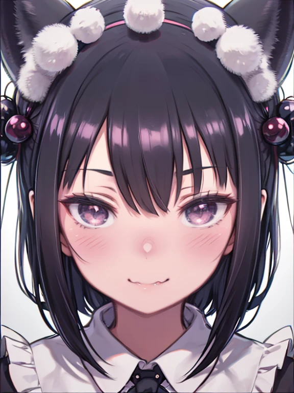 black hair, hair bobbles, wince, longeyelashes, solid circle eyes, fake animal ears, light smile, ear blush, fang, Surrealism, drop shadow, anaglyph, stereogram, tachi-e, pov, atmospheric perspective, 8k, super detail, ccurate, best quality