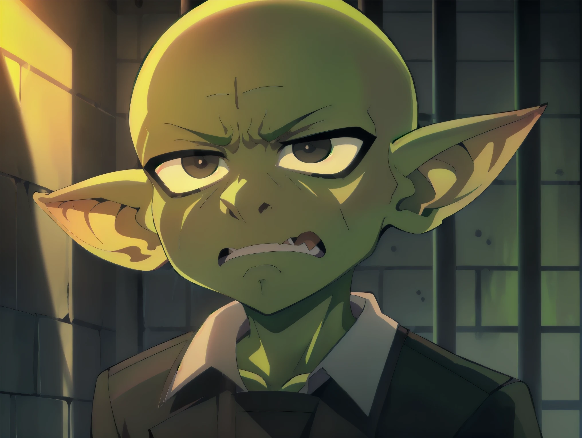 ((((Green skin toon)))), ((((1Boy goblin)))), (((bald))) (black eyes), (((black cloack))), ((Expression of anger)), (with hatred), (((extremely furious))), (((Inside a dungeon))), ((best quality)), (detailed), ((style novel)), beautiful cores, ((anime_Colores)), (Solo)