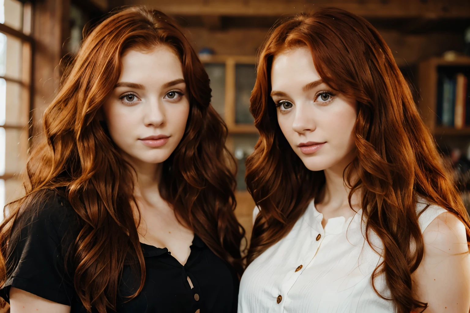 Two redhead ladies, with long curly hair.