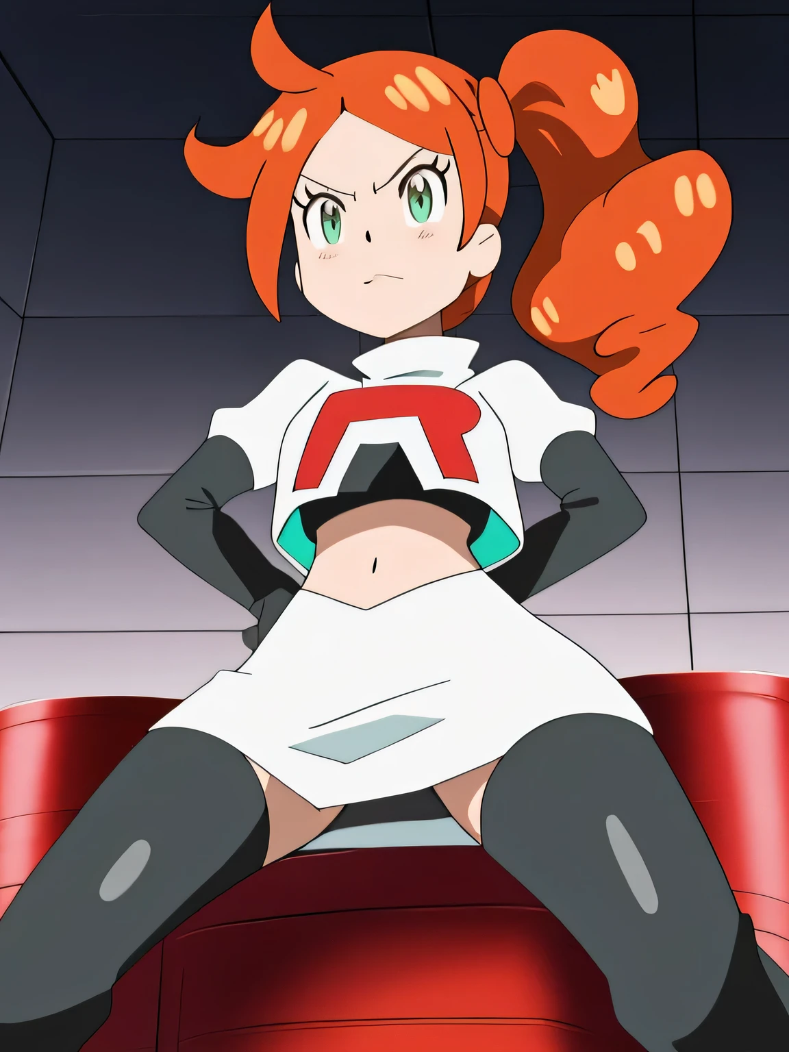 1girl, solo ,sonia, side ponytail,orange hair, heart hair ornaments, aqua eyes ,glossy lips, earings, closed mouth,masterpiece,best quality,high res,high quality,8k, masterpiece,highres, team rocket uniform, red letter r, white skirt,white crop top,black thigh-high boots, black elbow gloves, glaring angrily, looking down at viewer, hands on hips, cowboy shot, zettai ryouiki,spread legs,from below, black panties,anime style, vivid colors, sharp focus, intense lighting,