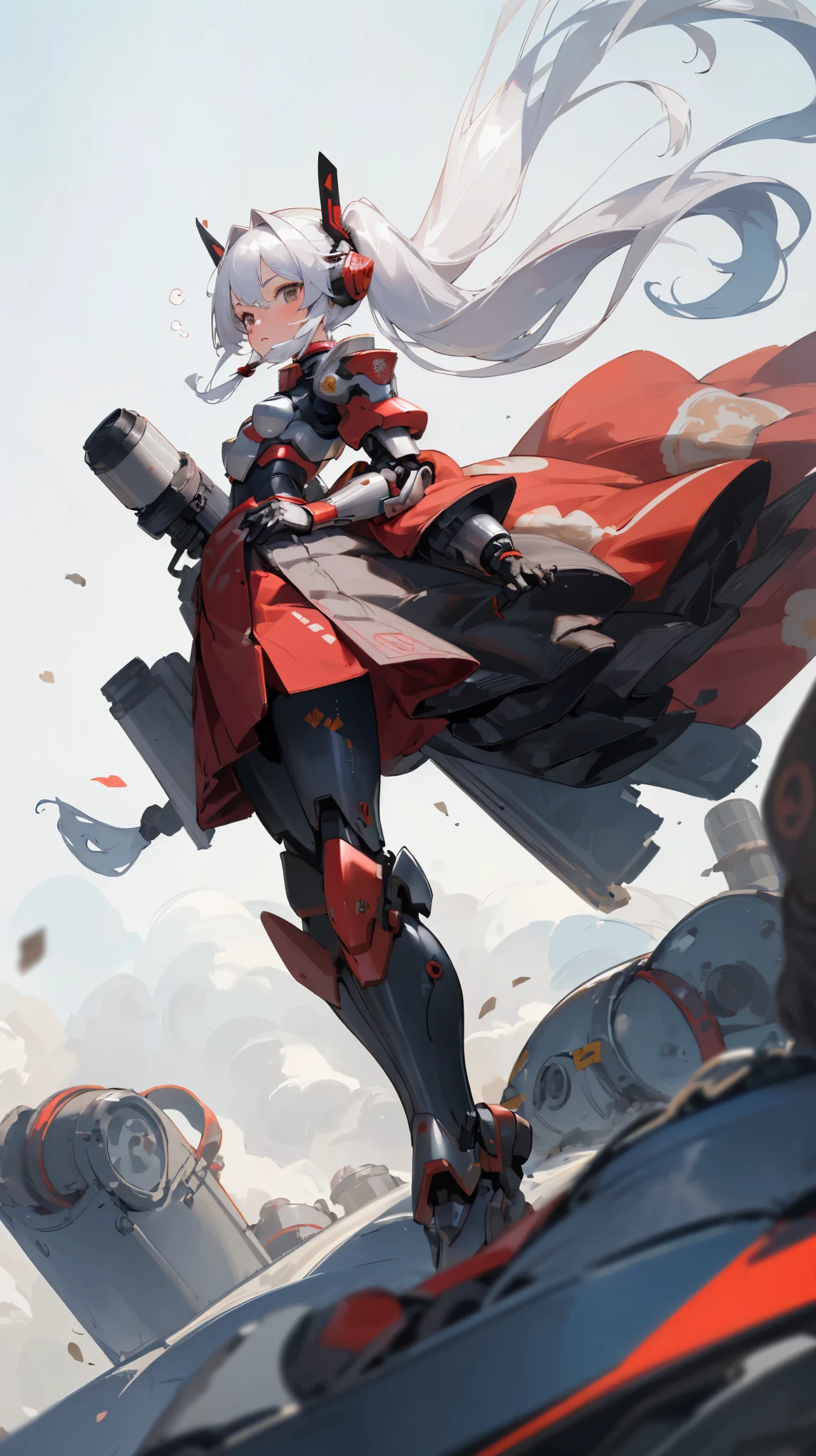 ((best quality)), ((masterpiece)), (detailed), perfect face, kawaii,Girl, silver long pigtail hair (hair floating in air like being blown by wind), small breasts, focused expression in the eyes,red Sci-fi samurai power armor, armoured skirt, left hand replaced with cannon , wearing headset,
Full body look, character always facing forward, focus on face,
