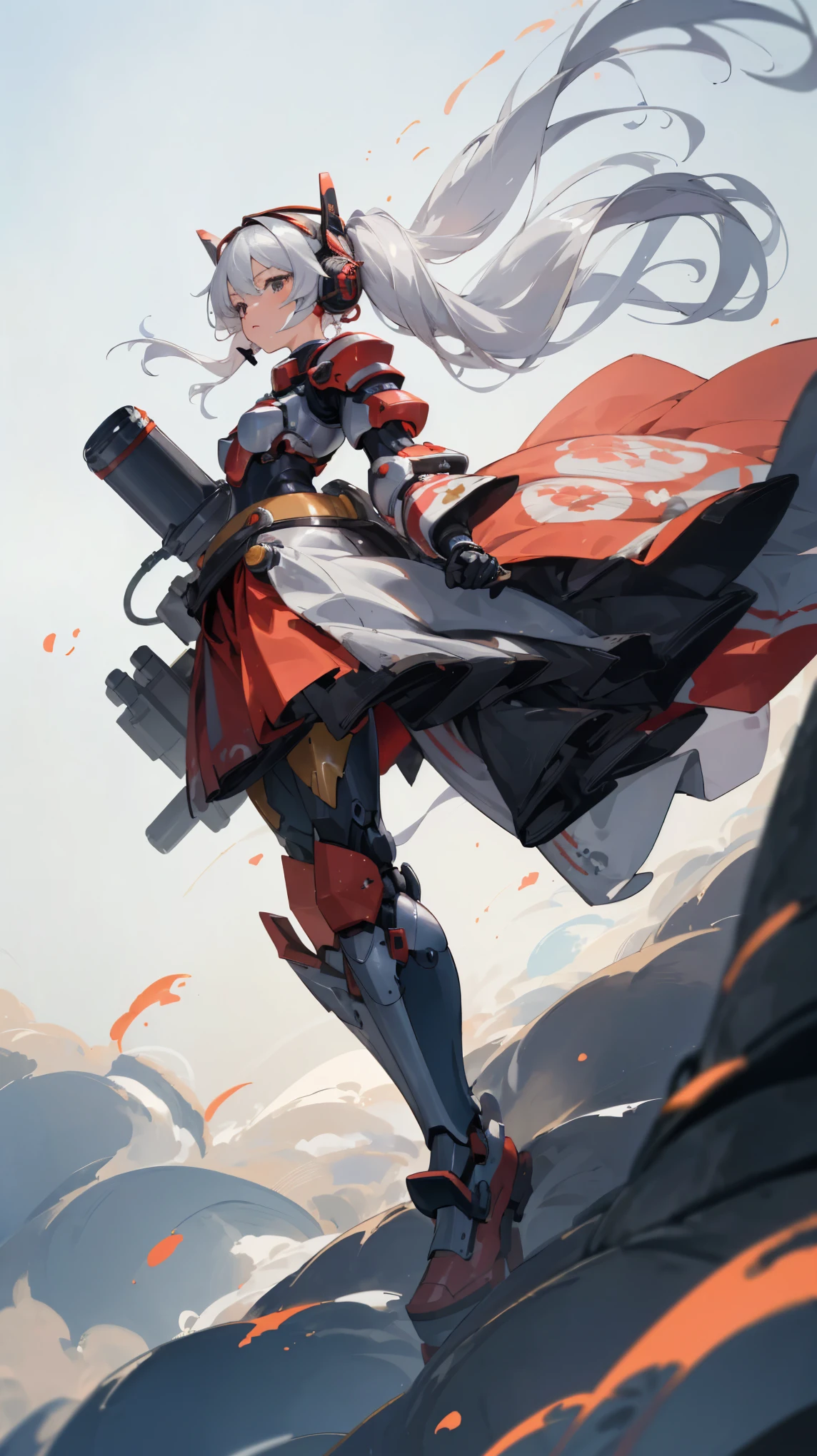 ((best quality)), ((masterpiece)), (detailed), perfect face, kawaii,Girl, silver long pigtail hair (hair floating in air like being blown by wind), small breasts, focused expression in the eyes,red Sci-fi samurai power armor, armoured skirt, left hand replaced with cannon , wearing headset,
Full body look, character always facing forward, focus on face,