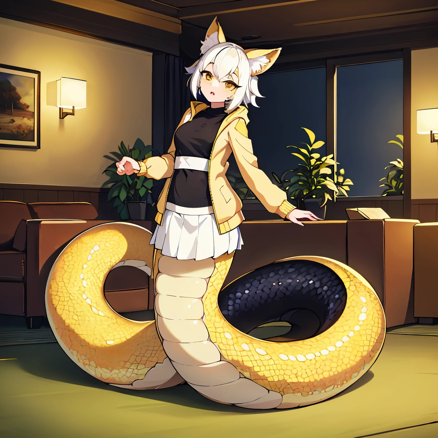 1girl, lamia, ((yellow scales)), silky tail, small breasts, white hair, fox ears, best quality, 4k, 8k, 16k, highres, masterpiece, wallpaper, volumetric lighting, cat tooth, ((full body)), indoors, brown eyes, ((standing)), living room, ((yellow jacket)), ((white mini skirt)), ((black shirt))