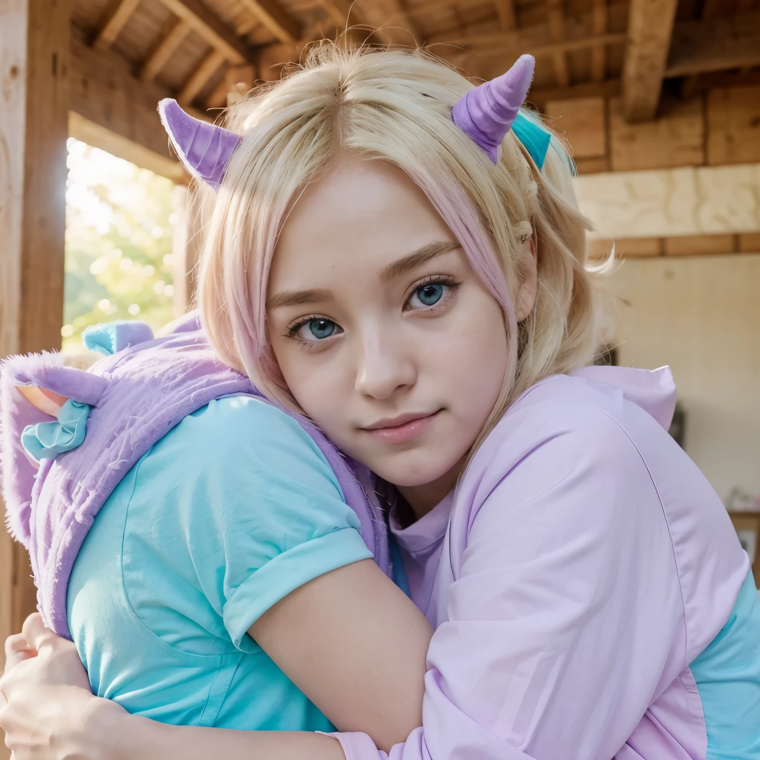 Cute anime cartoon character with blonde hair and with pink cloths on hugging her purple ghost horse that has turquoise ram horns