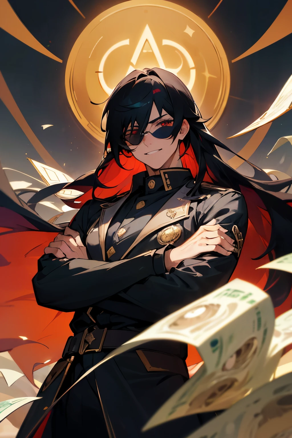 (perfect details, highres, ultra-detailed, illustration:1.2), (colorful:1.2), solo, (beautiful male:1.5), (holding big money:1.5),night sky, neon, night, wearing black knight suit, Beautiful eyes, (holding big money:1.5), flyng money, scattered money, money effect , gold coin background, flying money and coin, gold coin of mana, handsome, red eyes, Black hair, (Eyes showing through sunglasses), upper body, (bad evil:1.2), tsurime, grin, long eyelashes, (long hair), crossed arm, BREAK