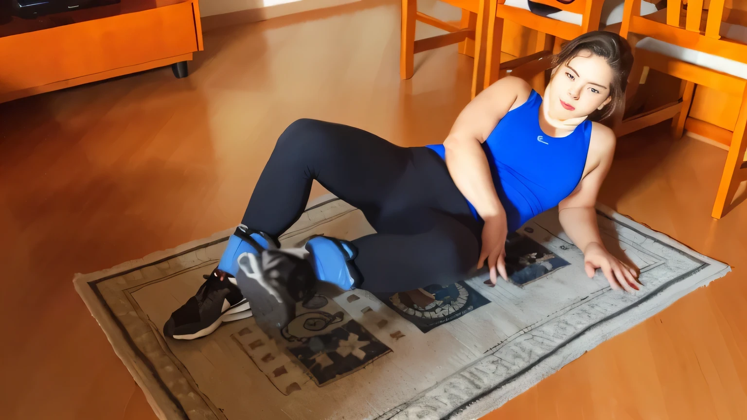 There's a woman sitting on a mat on the floor, working out, cottagecore!! fitness body, doing splits and stretches, with abdomen, using knee pads and elbow pads, sitting on bent knees, toned, leg and hip, workout, in action pose, abdomen, belly. Slim woman with thin waist. Her body exudes glamor and her face is the definition of beauty. Test, highly realistic, reddish skin, beautiful, slightly full lips, red lipstick, feeling of lightness and joy, hyper-realism, very elaborate skin, direct look. Full body photo, clear and high quality photo. Beautiful woman, extremely sexy, very sensual. Masterpiece: 1.3, high resolution, (photographically realistic), 8k, NUDE, NUDITY, NFSW.