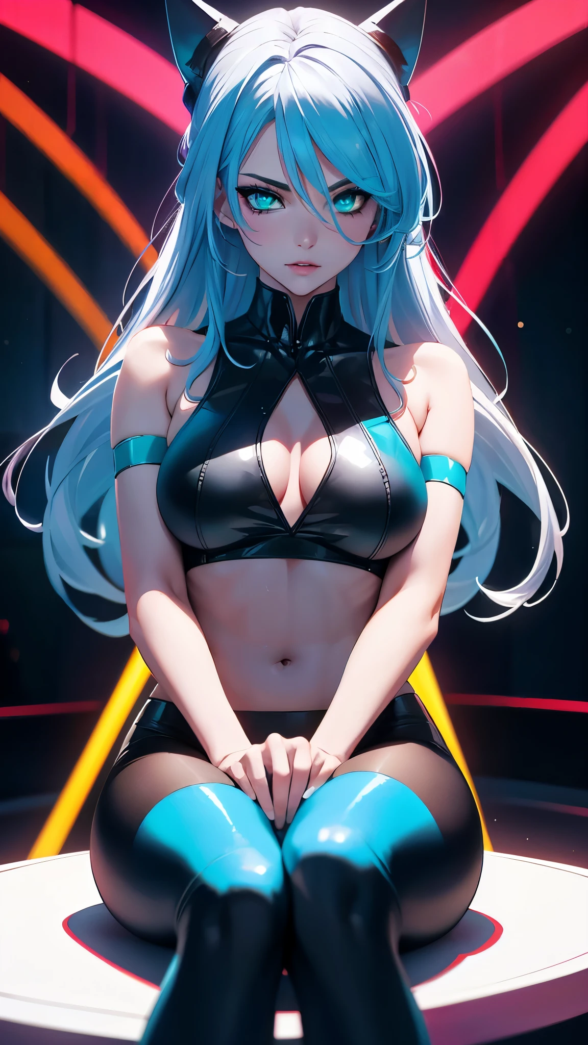 (best quality,highres:1.2),ultra-detailed,realistic,photorealistic:1.37,a beautiful girl model in a pop style,18 years old,long legs,medium breasts,extremely detailed face (with emphasis on azure eyes),wearing tight-fitting clothes (exposing the stomach),sitting in a perfect split pose,illustration,colorful pop art style,dynamic lighting,neon colors