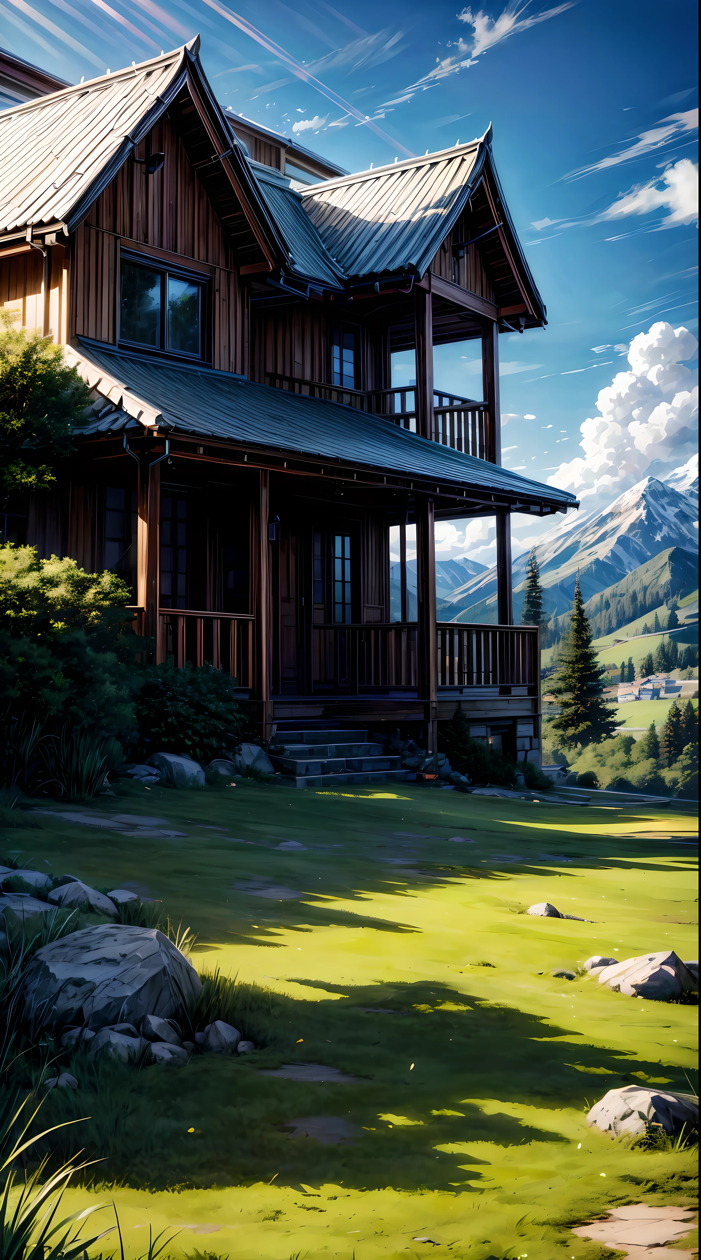 Beautiful house in the mountains, tree's and grass, sun rays, detailed clouds