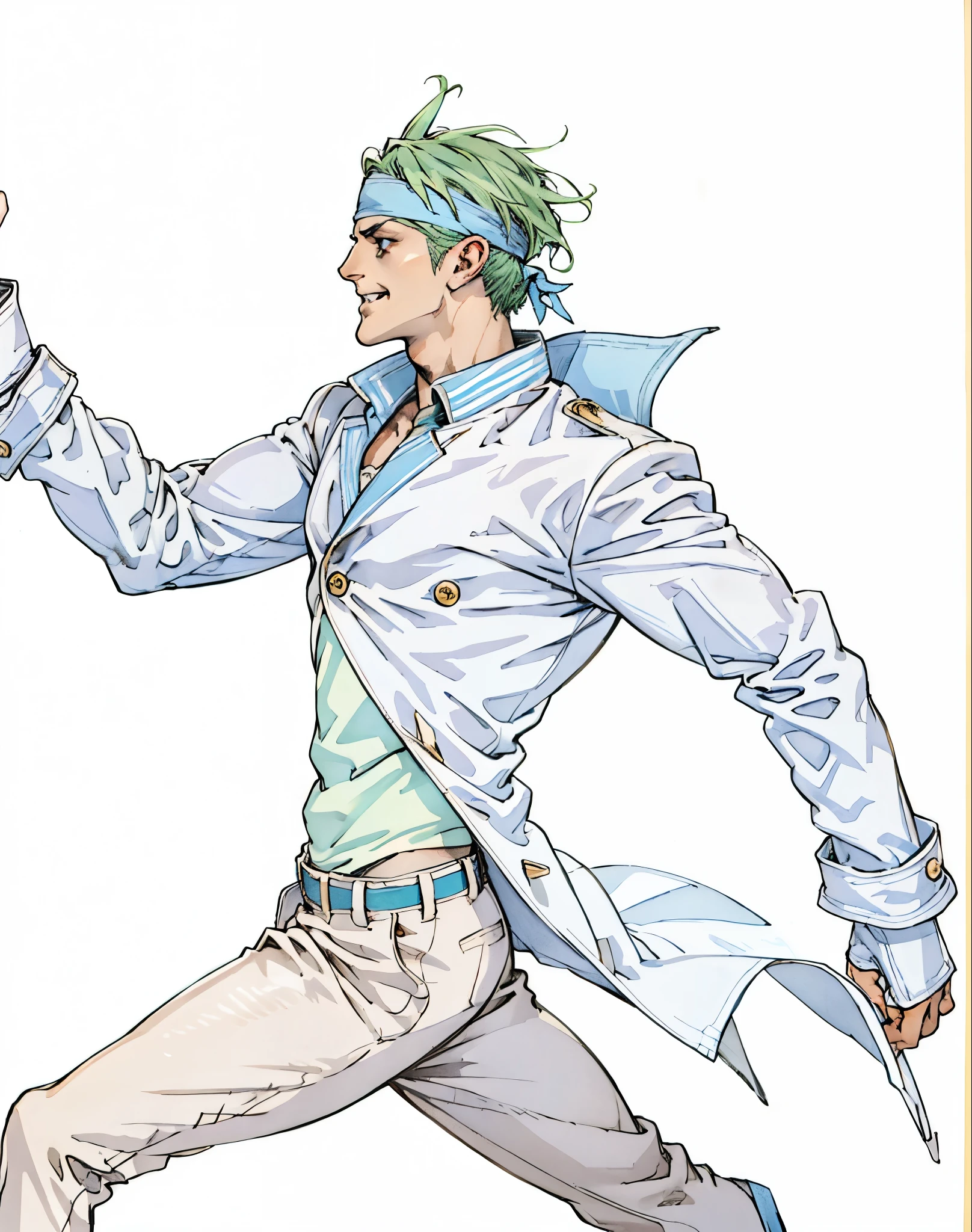 A man with messy grass-green short hair, a white headband tied around his forehead to cover his eyebrows, sharp-eyed with profound eye makeup, distinct facial features, grinning with bared teeth, tall and slender yet sturdy figure, a fantasy-realism style light blue coat, with a dark tight-fitting undershirt underneath, fingerless gloves, coarse cloth trousers, as he races forward, his hair and coat tails flutter in the wind, speed lines, a high-speed scene, this character embodies a finely crafted fantasy-realism style rogue in anime style, exquisite and mature manga art style, high definition, best quality, highres, ultra-detailed, ultra-fine painting, extremely delicate, professional, perfect body proportions, golden ratio, anatomically correct, symmetrical face, extremely detailed eyes and face, high quality eyes, creativity, RAW photo, UHD, 32k, Natural light, cinematic lighting, masterpiece-anatomy-perfect, masterpiece:1.5