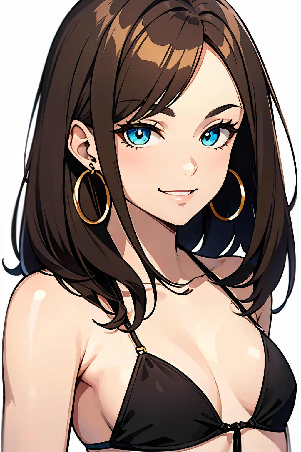 ((masterpiece)),highest quality,whole body ,Detailed face,Fine grain,Beautiful Eyes,brown color hair, Gold Hoop Earrings,Cool beauty woman, 30 years old, alone,Simple flat background,Clearly explained,smile, Black Bikini、The chest is emphasized
