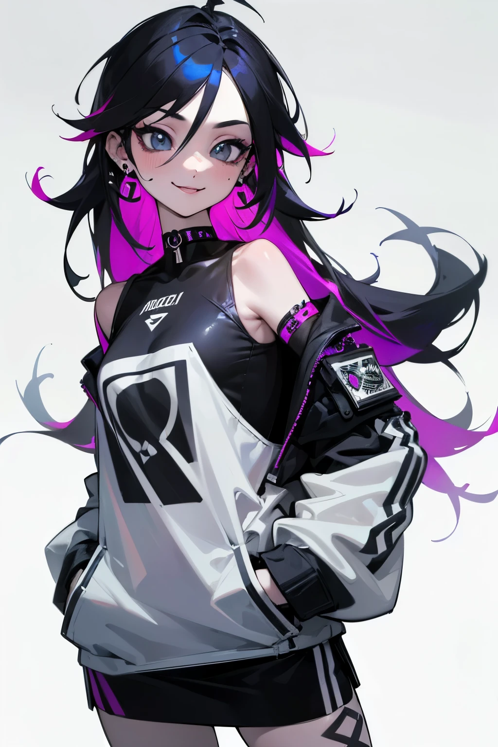 (absurdres, 8k, 4k, masterpiece, hyper extreme detailed:1.2), solo, 1girl, front view, perfect face, 1girl, portrait, expressive eyes, solo, standing, Female, perfect hands, pale skin, friendly, excited, punk rock, Long Hair, Multicolored Hair, black choker, black lipstick, Piercings, Ear Piercings, Lip Piercings, Nose Piercings, small Bust, smile, street clothing, half body, perfect anatomy, hands in pockets, graphic t-skirt, anatomically correct, cowboy shot, no background, empty background, arms behind back, covered chest, white background, exposed shoulder,