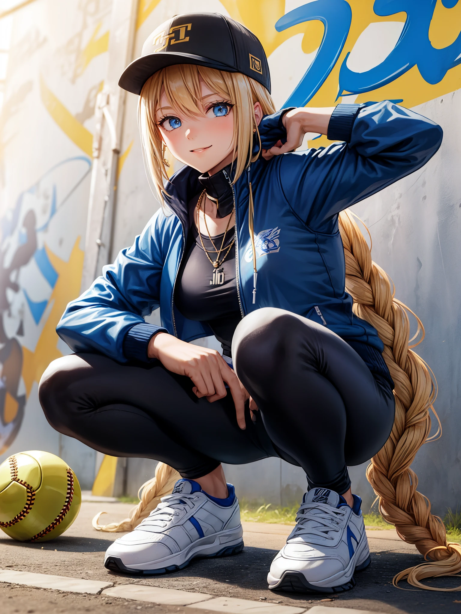 score_9, score_8_up, score_7_up, score_6_up, BREAK alley,slav squatting,track suit,sneaker,baseball cap,smile,v,jewelry,gold necklace,urban style,graffiti,spray paint,samus aran