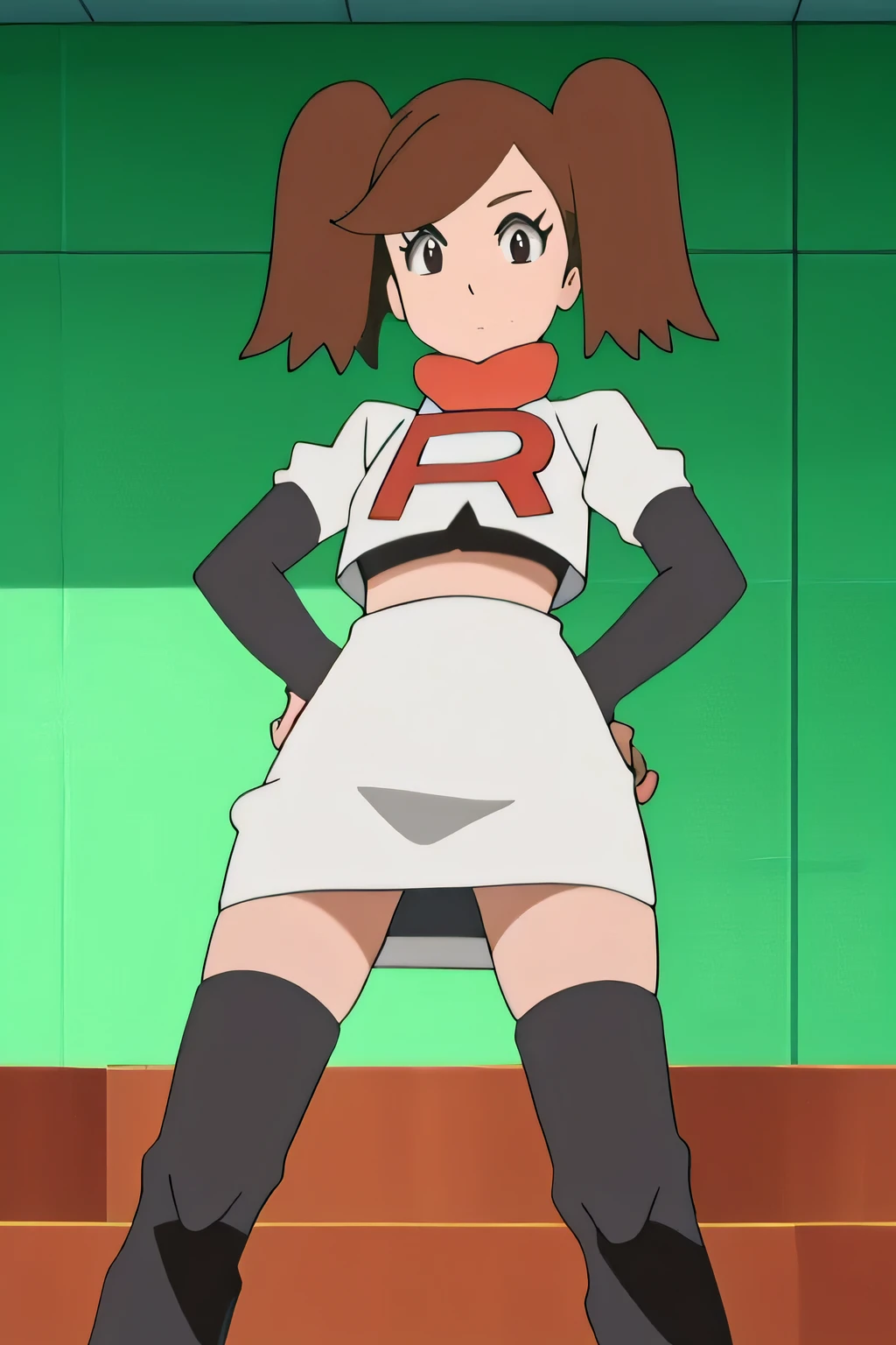 masterpiece,best quality,high res,high quality,8k, masterpiece,highres, team rocket uniform, red letter r, white skirt,white crop top,black thigh-high boots, black elbow gloves, glaring angrily, looking down at viewer, hands on hips, cowboy shot, zettai ryouiki,spread legs,from below, black panties,anime style, vivid colors, sharp focus, intense lighting,namida suzameno,two braids,brown hair,brown eyes