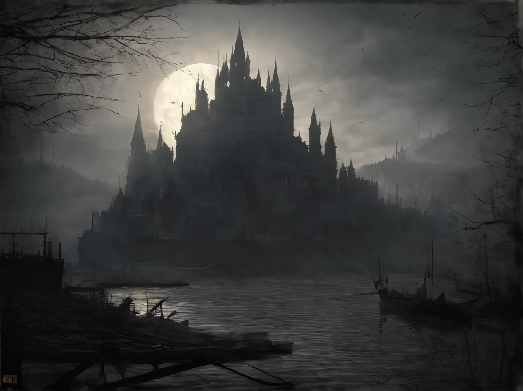 concept art, illustration, ((Dark Fantasy)), (Dark Souls), Anor Londo, ((slavic architecture)), historical, epic city, ((russian)) castle made of white stone, (postapocaliptic), (((eclipse sun))) background, giant walls, many wooden buildings, (river port)