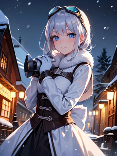 ((Very detailed)), 4K, ((Cinema Lighting)), close, Fantasy World, Cobblestone city, wooden stone house, snow, market, marketの屋台, Adult female, dirty, guard,White-silver hair color,Put goggles on your head, blue eyes, ((Beautiful Eyes)), Happy expression, Have a cannon,white fluffy fur