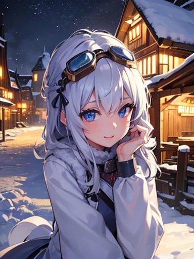 ((Very detailed)), 4K, ((Cinema Lighting)), close, Fantasy World, Cobblestone city, wooden stone house, snow, market, marketの屋台, Adult female, dirty, guard,White-silver hair color，Put goggles on your head, blue eyes, ((Beautiful Eyes)), Happy expression, Have a cannon，white fluffy fur