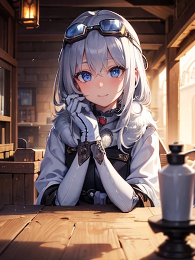 ((Very detailed)), 4K, ((Cinema Lighting)), close, Fantasy World, Cobblestone city, wooden stone house, snow, market, marketの屋台, Adult female, dirty, guard,White-silver hair color，Put goggles on your head, blue eyes, ((Beautiful Eyes)), Happy expression, Have a cannon，white fluffy fur