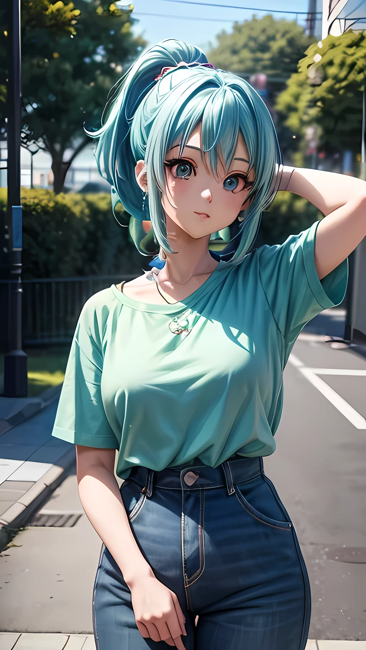 a close up of a person with a blue hair and a green top, anime styled 3d, realistic anime 3 d style, anime cgi style, anime style. 8k, render of a cute 3d anime girl, photorealistic anime girl render, 3 d anime realistic, anime cgi, 3d anime girl, anime highly detailed, realistic young anime girl