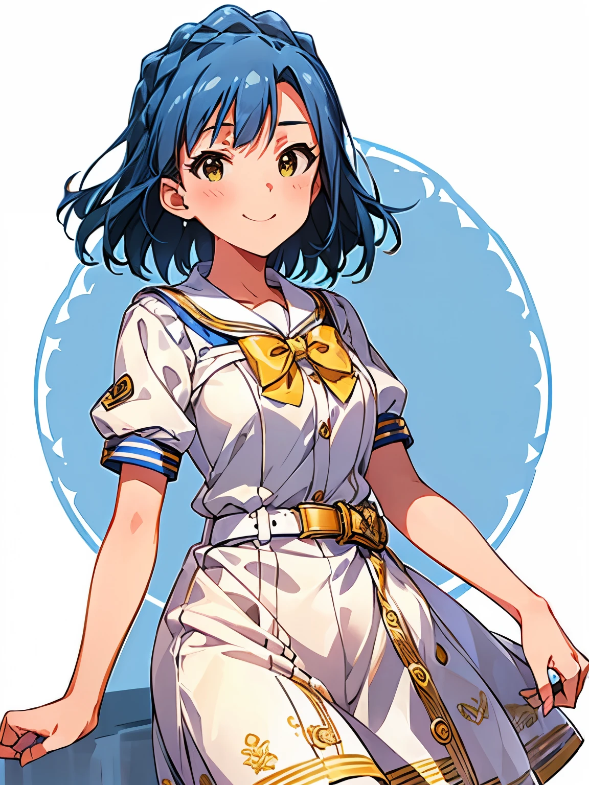 yuriko nanao (million live), 1 girl, Solo, Cute Girl, Best Quality, Ultra-detailed, 8K, High resolution, Detailed face, looking at viewer, light smile, gentle smile, tilting head, (((uniform, white dress, sailor collared dress, short sleeves, bowtie, belt))),