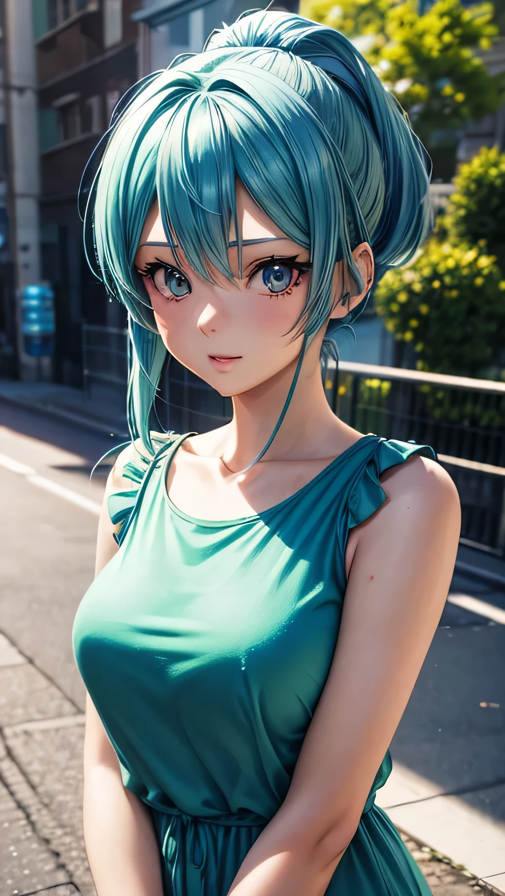 a close up of a person with a blue hair and a green top, anime styled 3d, realistic anime 3 d style, anime cgi style, anime style. 8k, render of a cute 3d anime girl, photorealistic anime girl render, 3 d anime realistic, anime cgi, 3d anime girl, anime highly detailed, realistic young anime girl