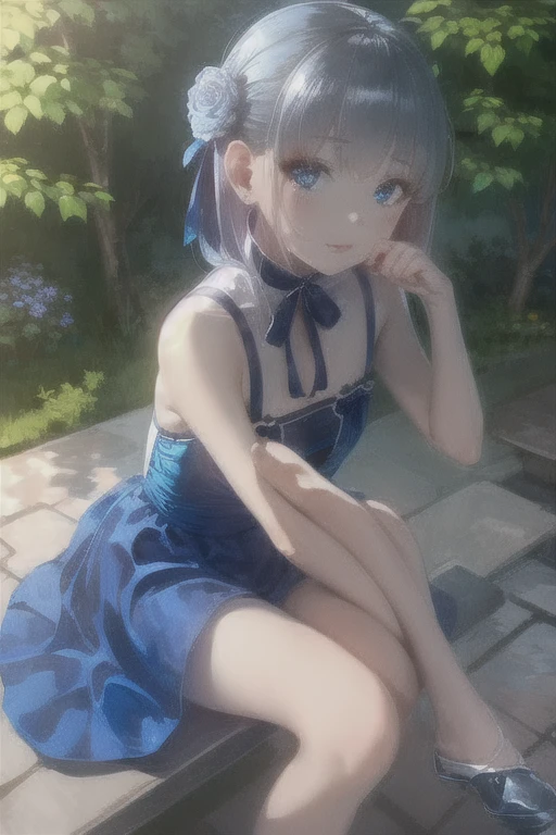 (masterpiece, highest quality,), One Girl, Alone in a blue dress、、blue eyes、Seductive pose、Outdoor