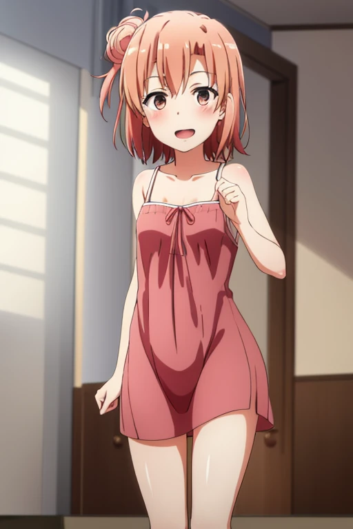 ((highest quality)), ((masterpiece)), (be familiar with), Perfect Face, indoor, Bedroom, Watching the audience,
One woman, Yuigahama Yui,
Open Mouth, Ecstatic expression, blush, smile,
Small breasts, Flat Chest, Young Girl, , , Girl,
Short Hair, Salmon-colored hair, Salmon-colored eyes, Side Pony,
Leg spread,