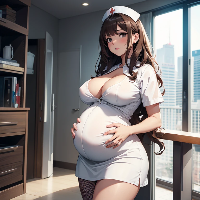 Pregnant goddess, nurse, white skirt, wavy brown hair, sexy pose, cleavage, realistic, beautiful, fishnets
