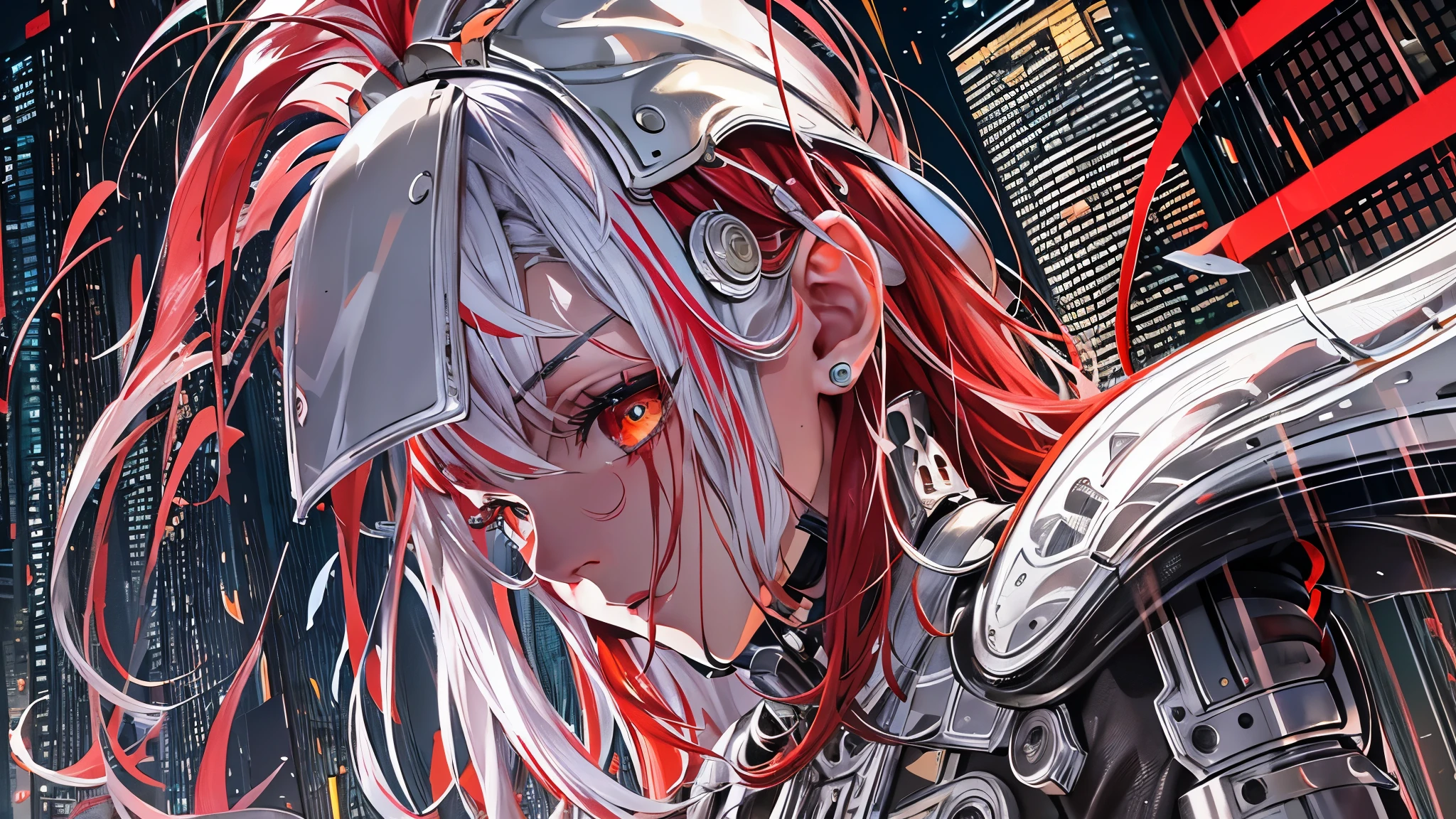 （Super detailed）highest quality(beautiful:1.1),(High resolution:1.2),Incredibly detailed illustrations, 1girl (((red hair hair, white hair streaked hair),Long Hair,Prosthetic arm,Prosthetic limbs,prosthetic eye),(floating hair))Black bulletproof coat,breastplate,Hand guard,High Speed Vibrating Sword)(Wet clothes)((Full Body))Late Night,Swordsmen fighting in a rainy city（cyber punk）