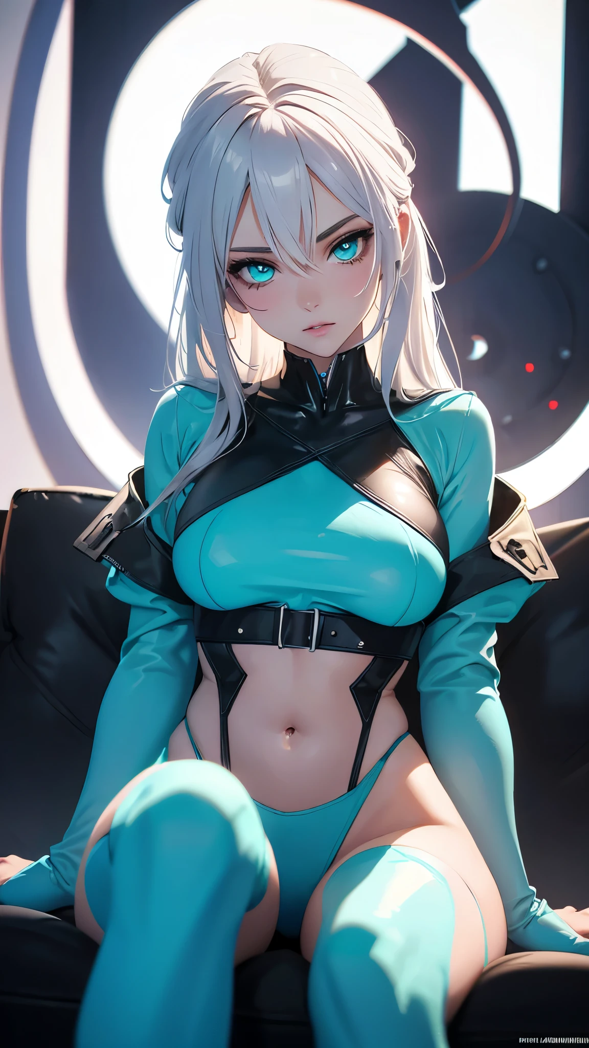 (best quality,highres:1.2),ultra-detailed,realistic,photorealistic:1.37,a beautiful girl model in a pop style,18 years old,long legs,medium breasts,extremely detailed face (with emphasis on azure eyes),wearing tight-fitting clothes (exposing the stomach),sitting in a perfect split pose,illustration,colorful pop art style,dynamic lighting,neon colors