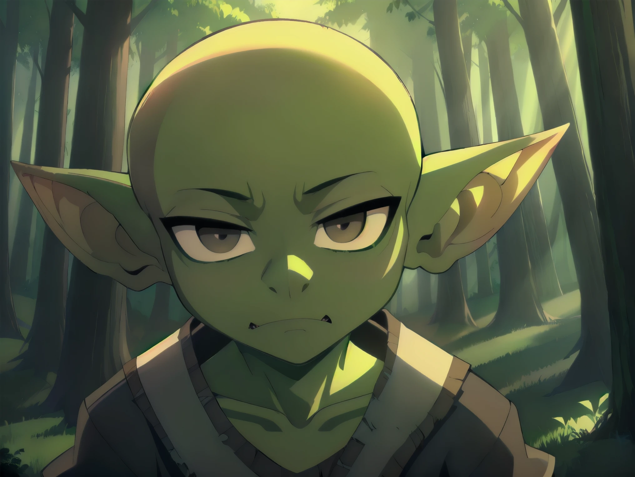 ((((Green skin toon)))), ((((1Boy goblin)))), (((bald))) (black eyes), (((Wearing old rags))), (((Into the forest))), ((best quality)), (detailed), ((style novel)), beautiful cores, ((anime_Colores)), (Solo)