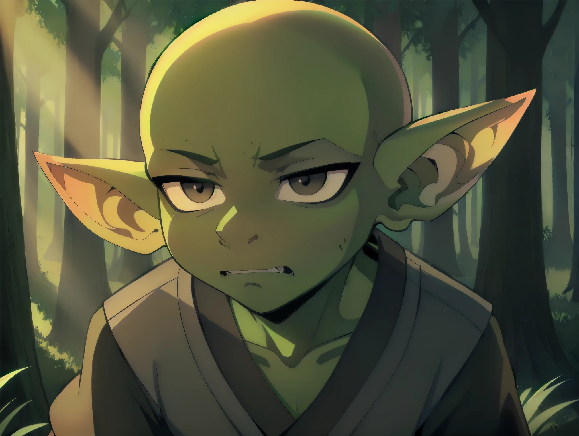 ((((Green skin toon)))), ((((1Boy goblin)))), (((bald))) (black eyes), (((Wearing old rags))), (((Into the forest))), ((best quality)), (detailed), ((style novel)), beautiful cores, ((anime_Colores)), (Solo)