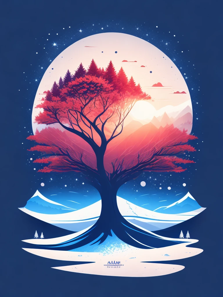 a spruice tree in a winter landscape, tshirt design, rzminjourney, vector-art